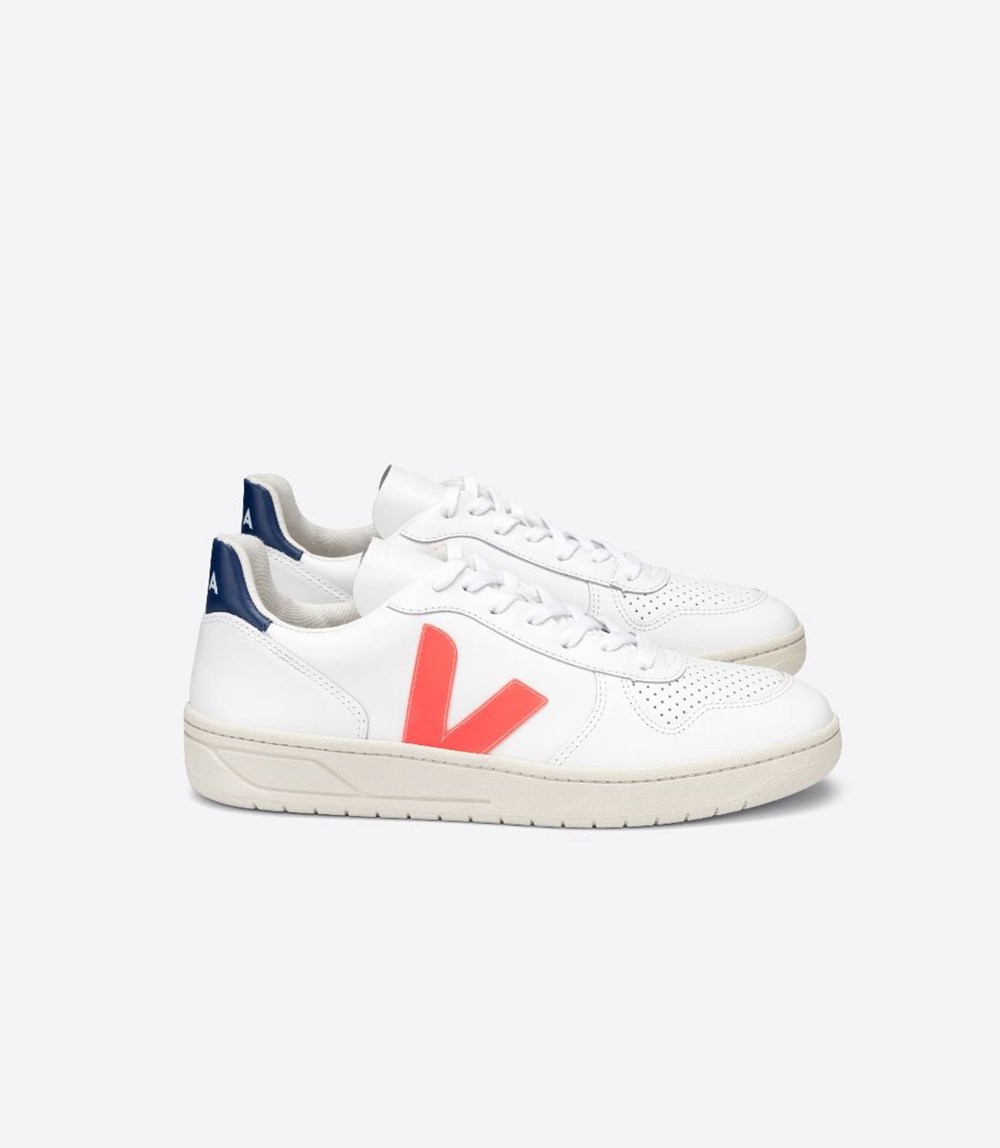 Veja Sneakers Mens - V-10 Leather - White/Orange - 2569PLQIS